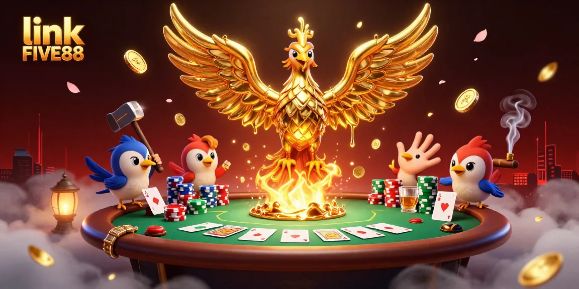 Experience thrilling gameplay with link FIVE88 in a vibrant, casino-themed illustration featuring golden phoenix and poker elements.